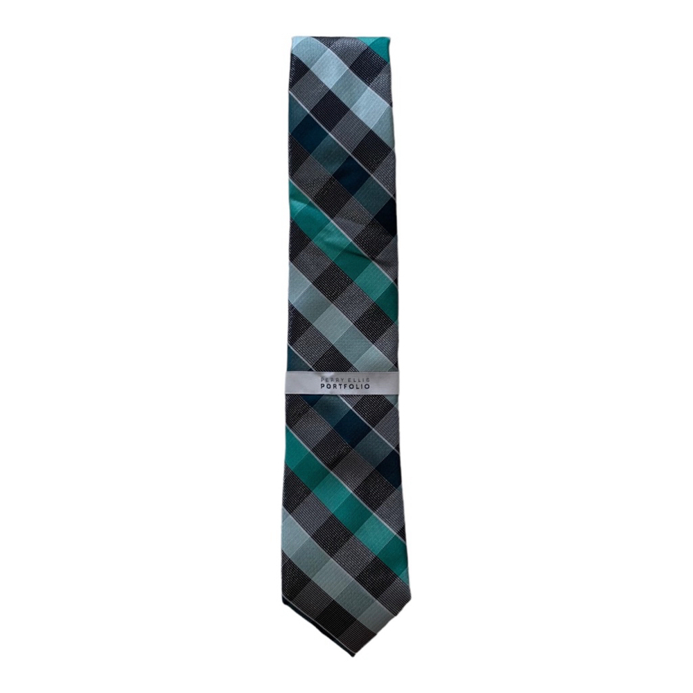 PERRY ELLIS PORTFOLIO Neck Tie, Green & Black Metallic Plaid Men